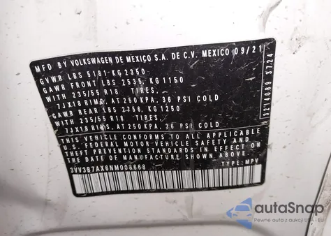 2022 Volkswagen Tiguan 2.0T Se z USA, uszkodzony, nr VIN 3VV3B7AX6NM008668